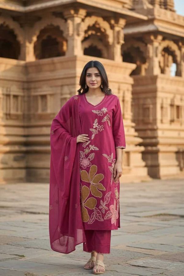 Elegant Beige Embroidered Three Piece Set