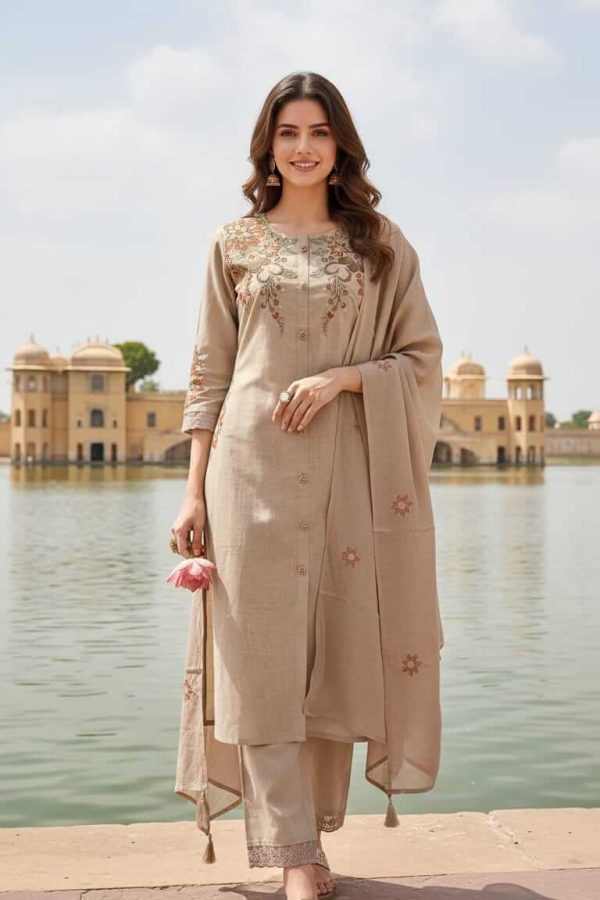 Elegant Beige Embroidered Three Piece Se