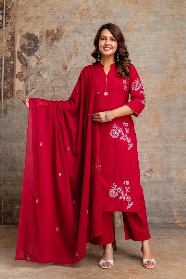 Red Embroidered Three-Piece Set