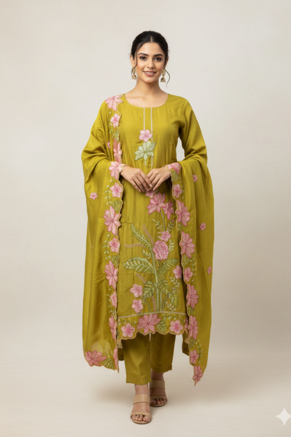 Mustard Floral Embroidered Premium 3-Piece Set