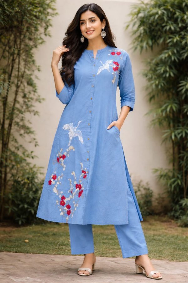 Sky Blue Floral Embroidered Kurta Set